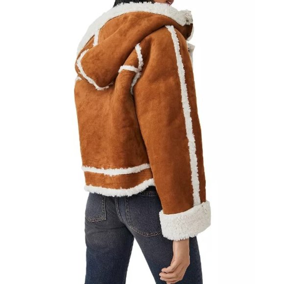 FREE PEOPLE VEGAN Leather Shearling SHERPA HOODED Jacket - Picture 3 of 13